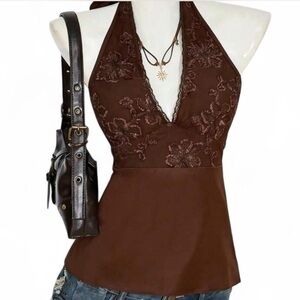 Y2K Brown Satin Halter Top Lace Embroidered Tie Waist